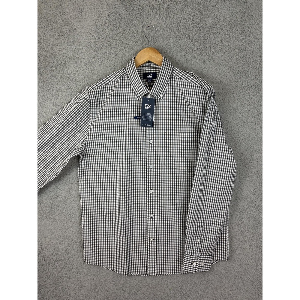 Cutter & Buck Shirt Mens Medium Gray Check Long Sleeve Button Front Stretch New